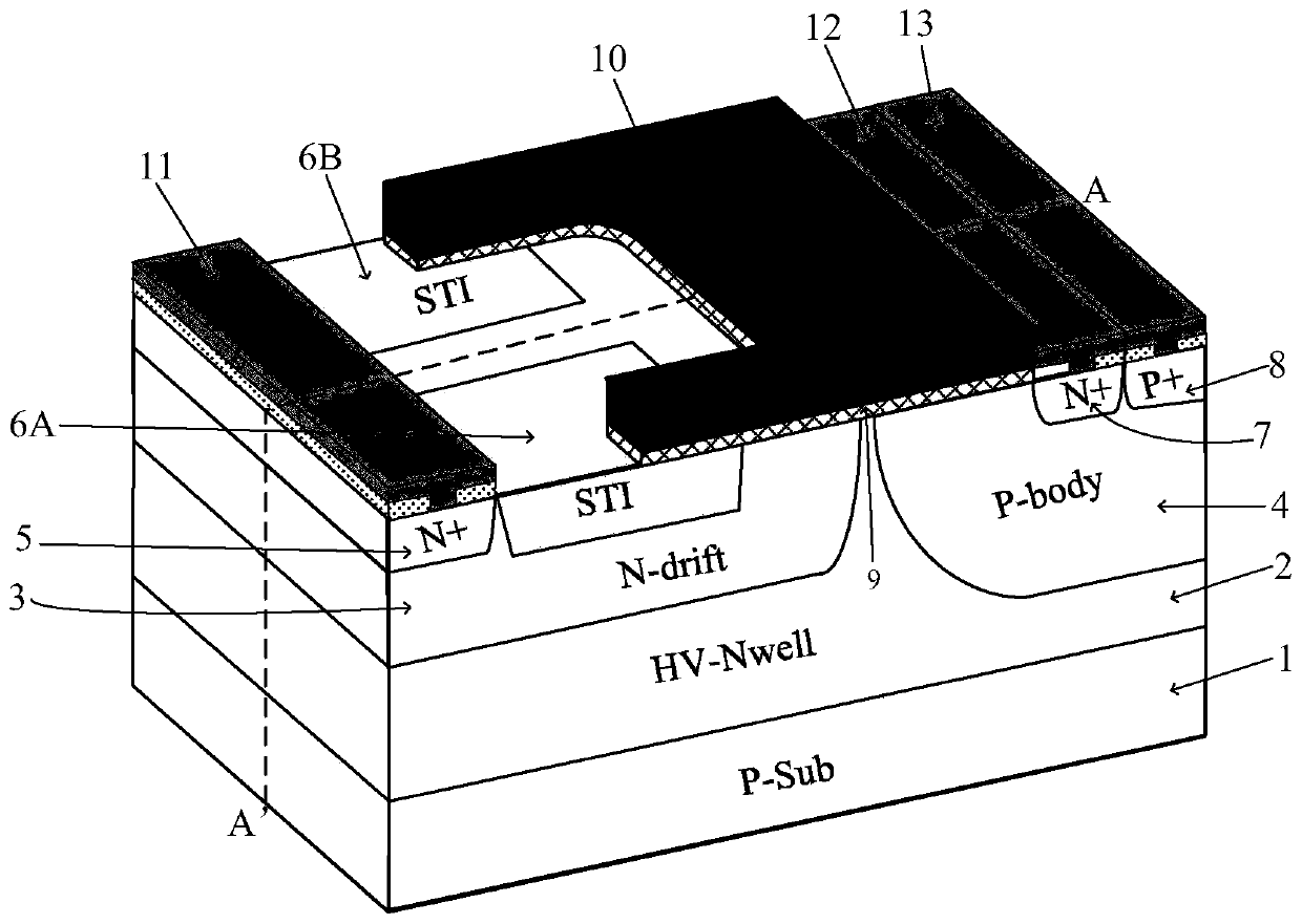 A lateral semiconductor device with a shallow trench isolation structure interlaced with interdigitated arrangement