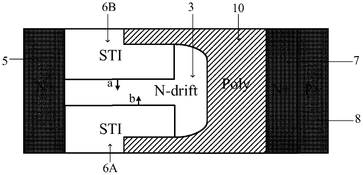 A lateral semiconductor device with a shallow trench isolation structure interlaced with interdigitated arrangement