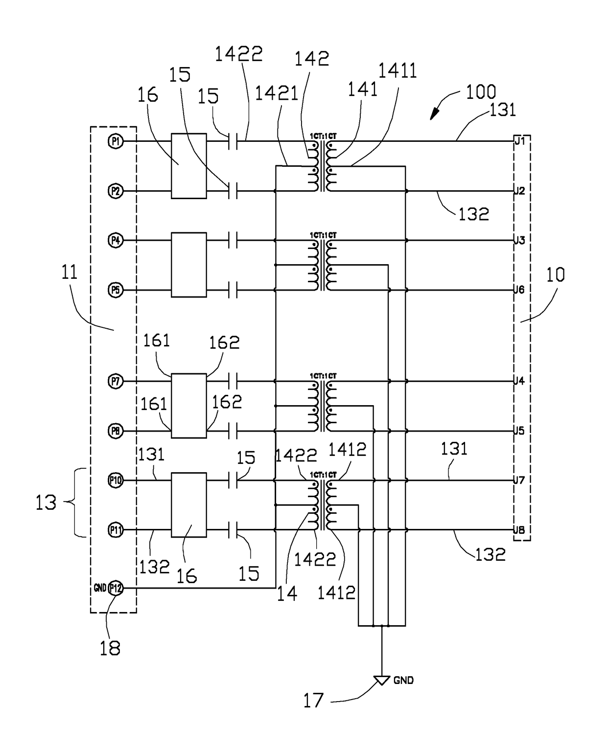 Network filtering circuit for protection lightning surge