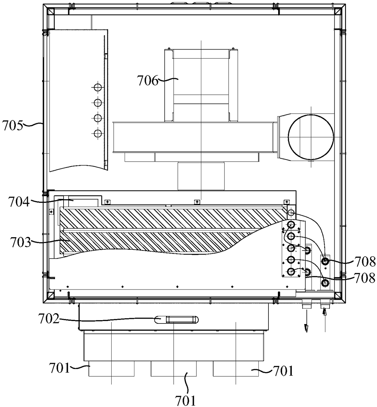 Mould drying and bottle blank cooling device and blank injection system