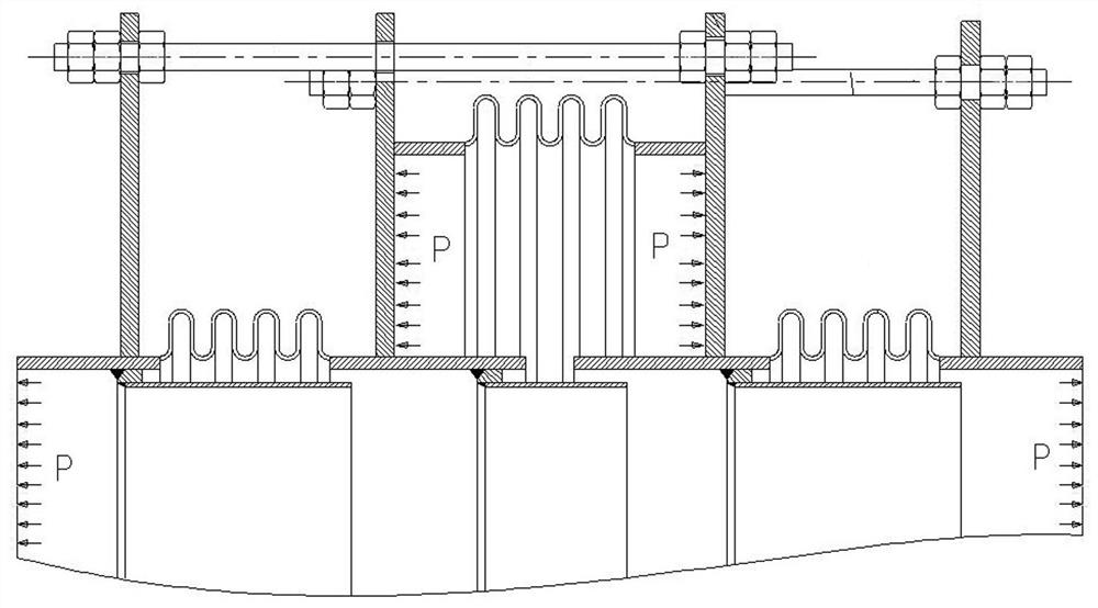 Large-diameter straight pipe pressure balance type expansion joint balanced by adopting external external-pressure corrugated pipe