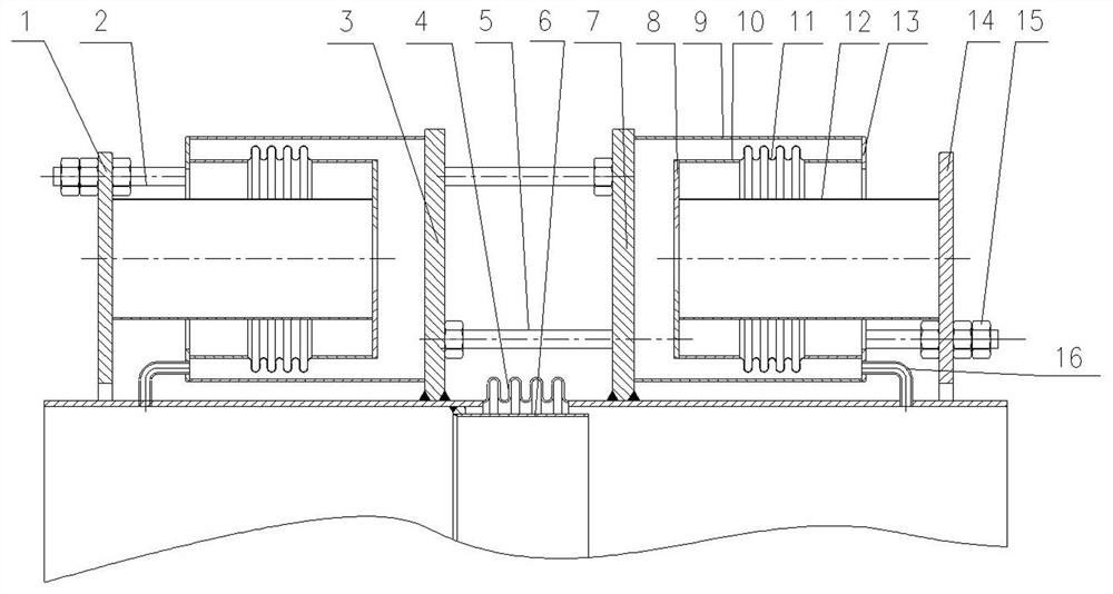 Large-diameter straight pipe pressure balance type expansion joint balanced by adopting external external-pressure corrugated pipe