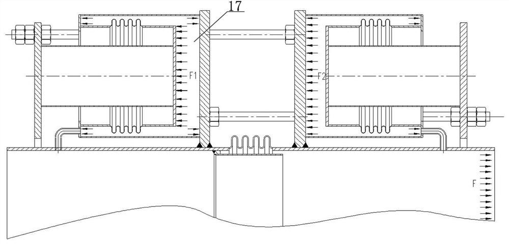 Large-diameter straight pipe pressure balance type expansion joint balanced by adopting external external-pressure corrugated pipe