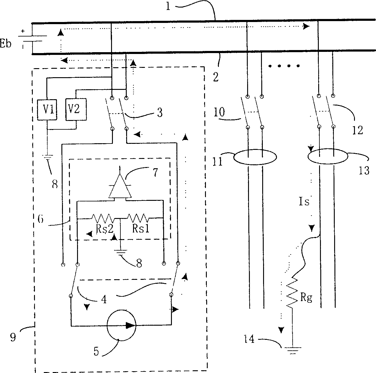 DC power supply system grounded fault detecting method and circuit