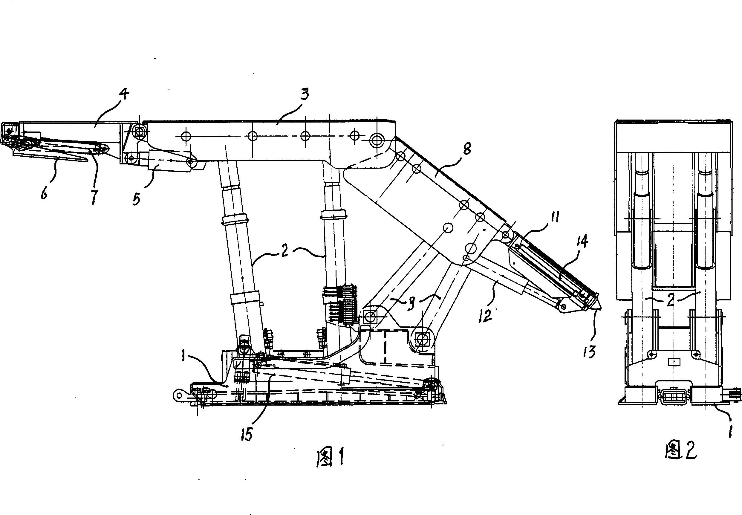 Four column protected type hydraulic prop frame for low position blasting down the roof coal