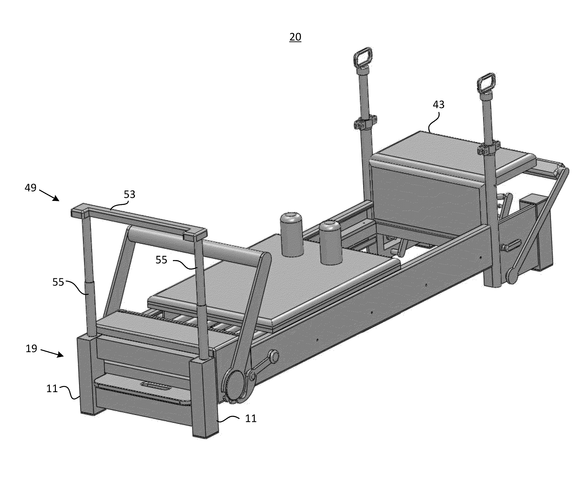 Reformer apparatus having integral ergonomic purchase translatable into deployed and stowed positions