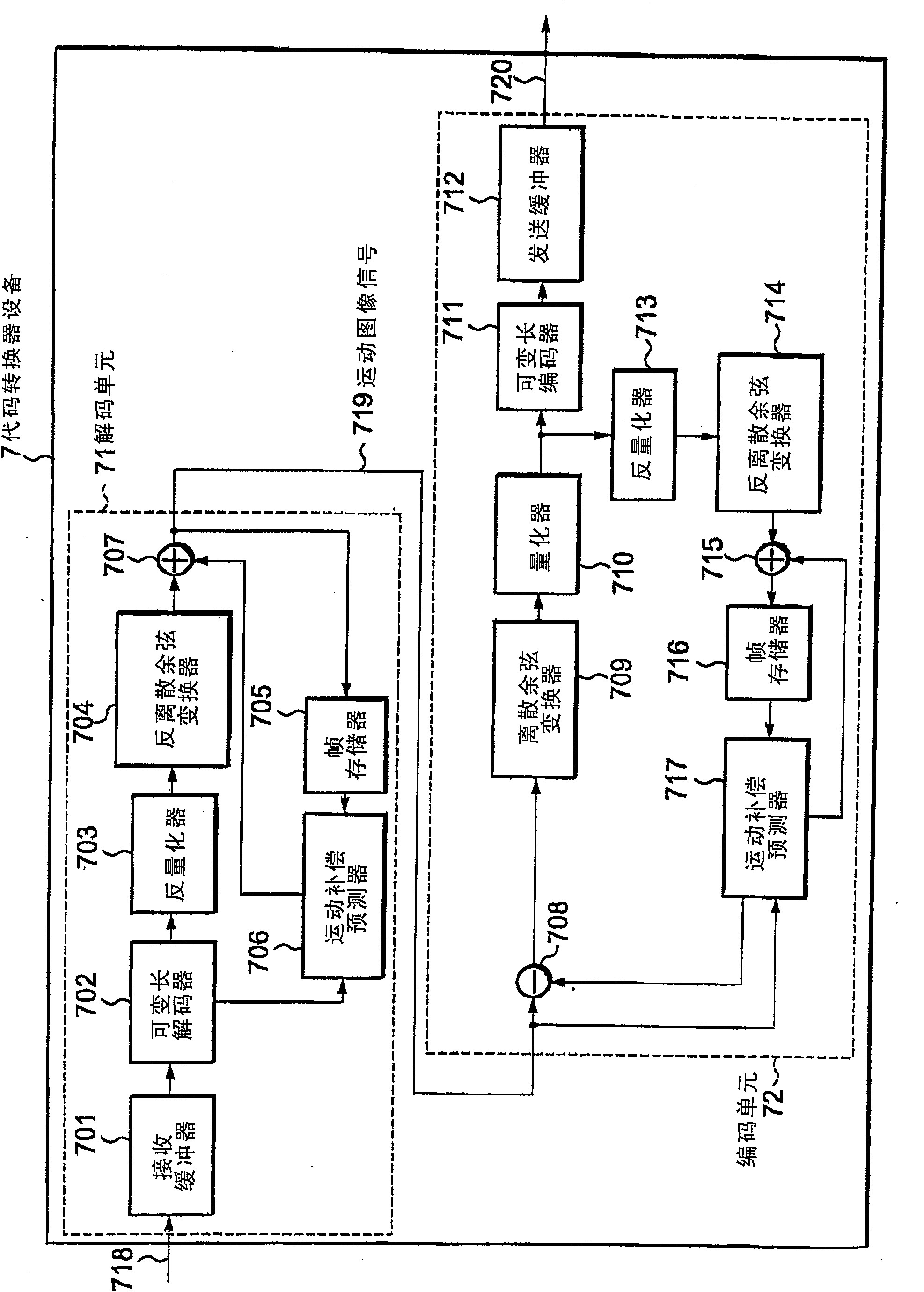 Transcoder device for and motion picture communication system