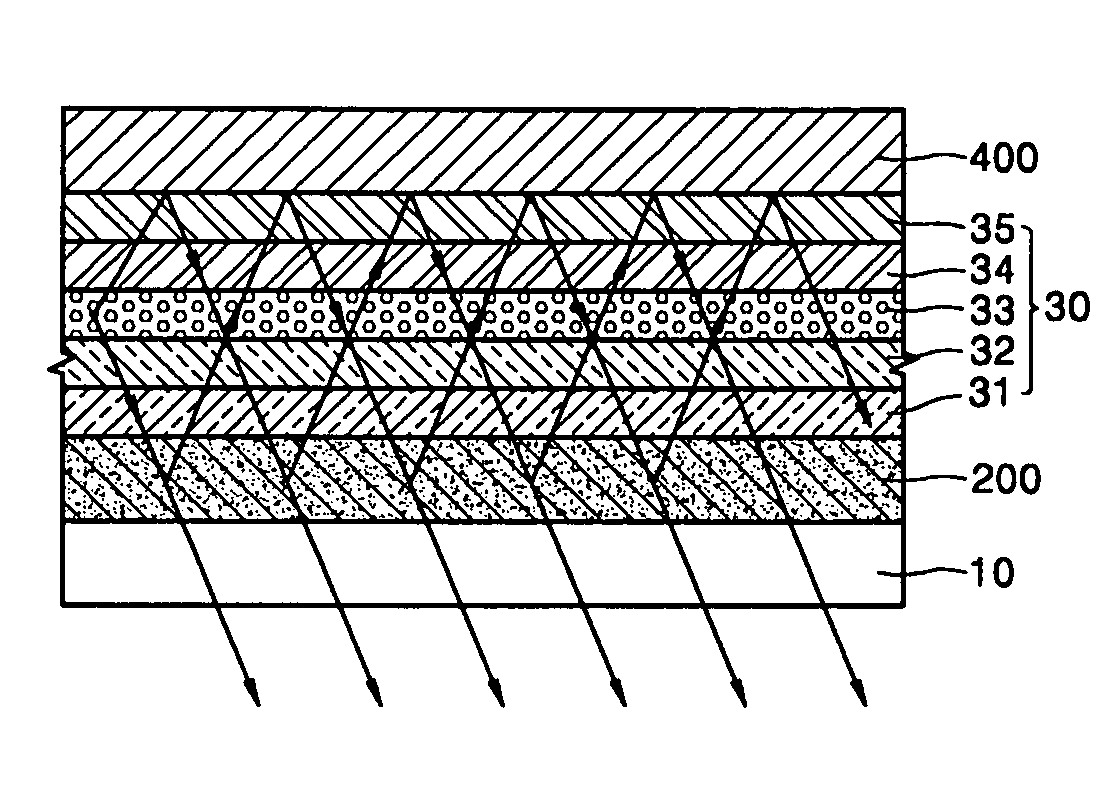 Bottom emission type electroluminescent display with partially reflecting electrodes