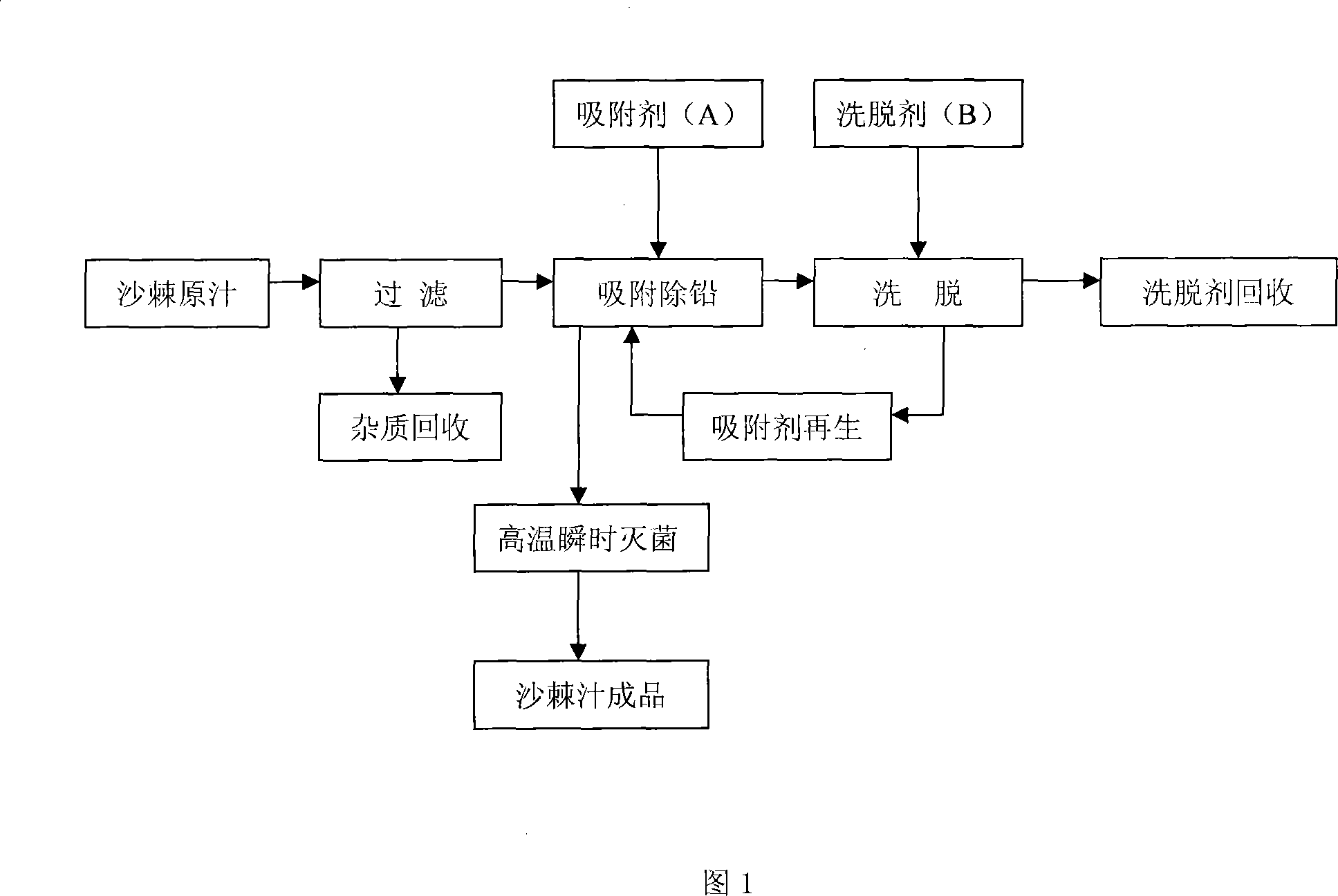 Method for reducing heavy metal plumbi content in sha ji fruit juice raw material by ion exchange process