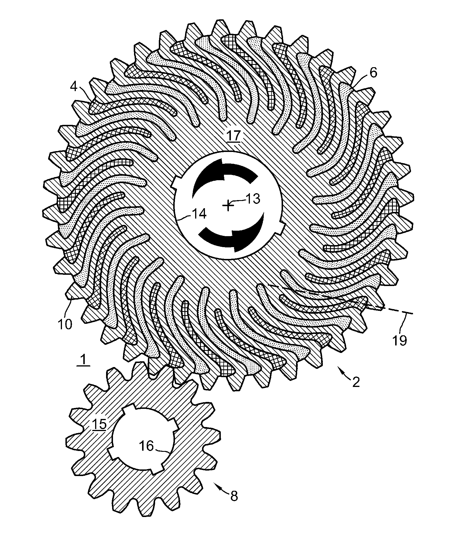 Torque-handling gear with teeth mounted on flexible arms