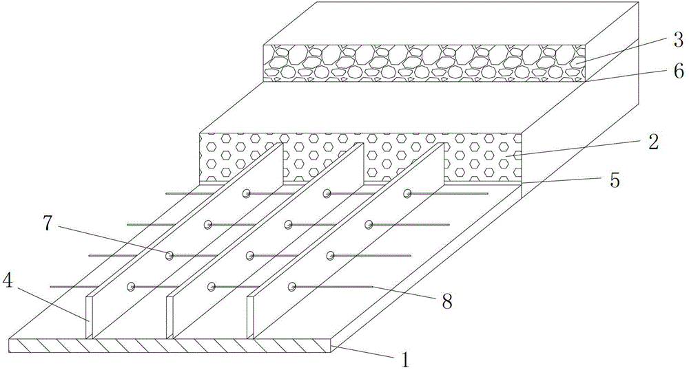 Steel deck composite pavement structure laying grid type shear connectors