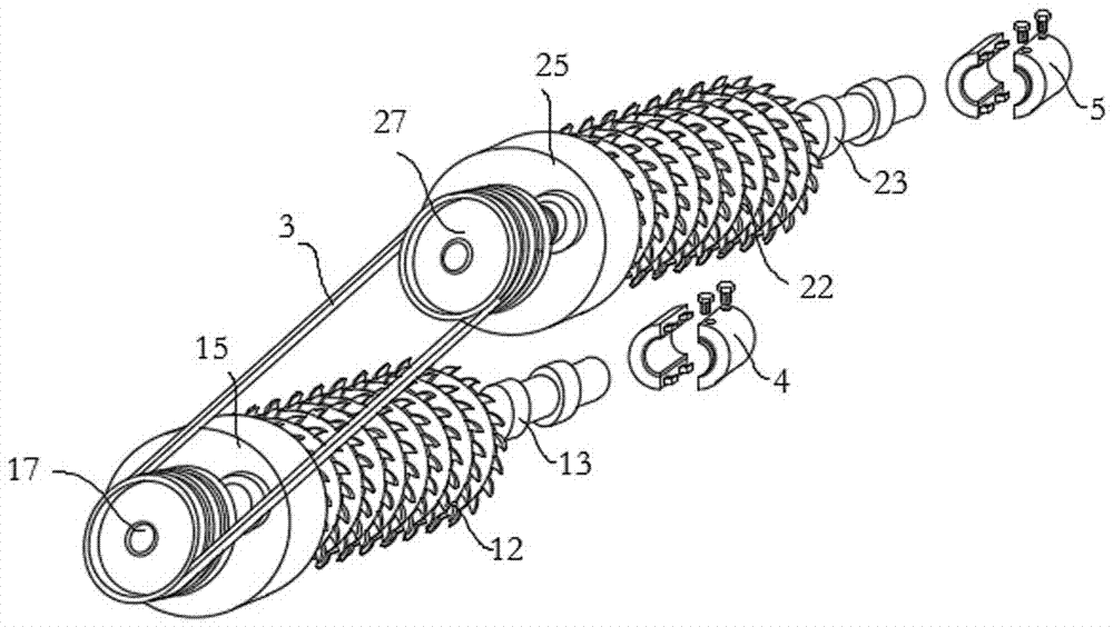 Integral saw combined type double-flywheel saw blade group system for wood and cutting process thereof