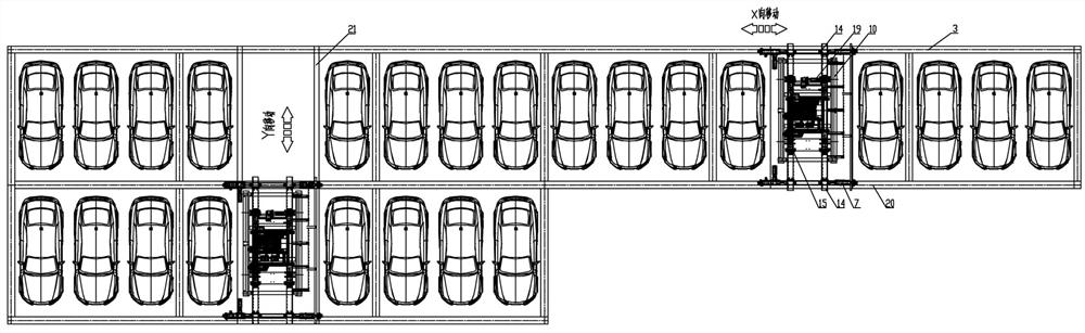 Double-layer lifting and traversing intelligent parking garage suitable for L-shaped terrain and its use method