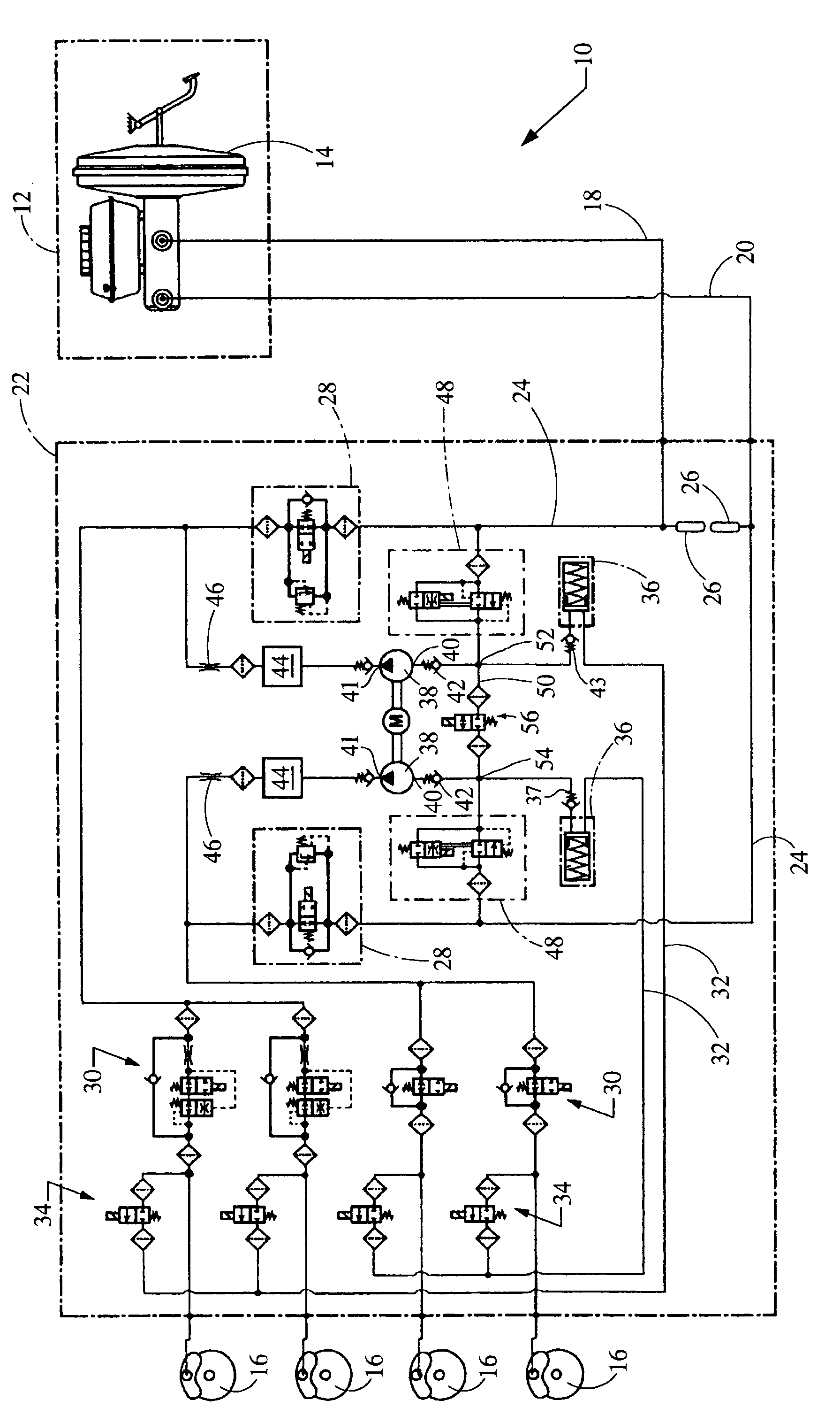 Hydraulic braking system featuring selectively-coupled pump suction circuits