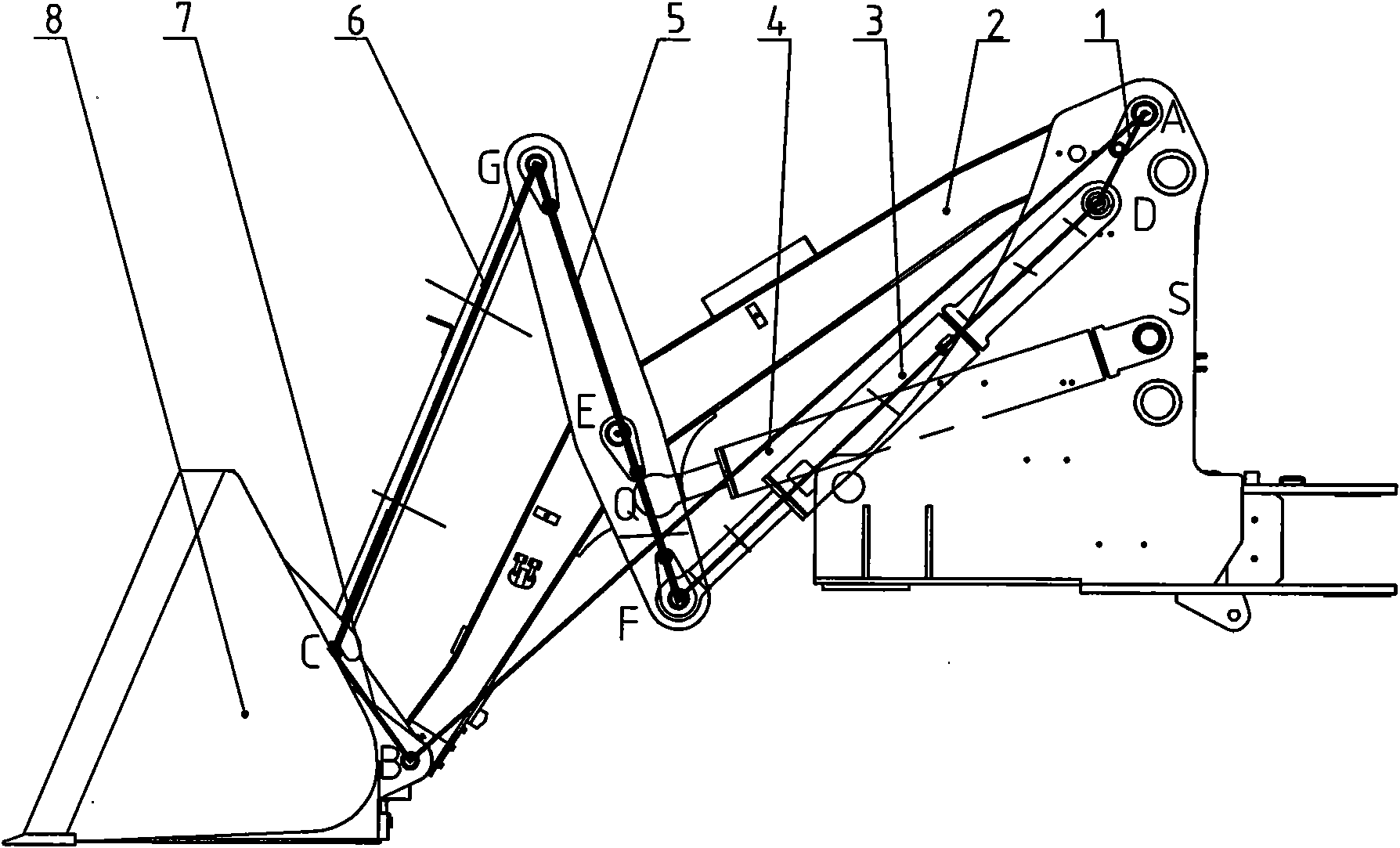 Single movable arm forward six-bar linkage power quick-change operating device for loading machine