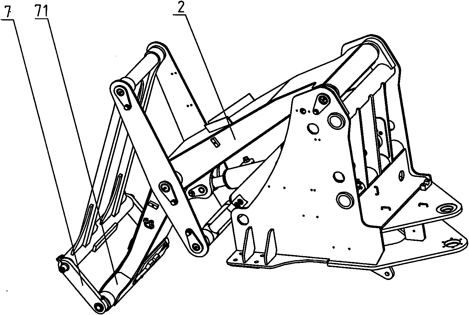 Single movable arm forward six-bar linkage power quick-change operating device for loading machine