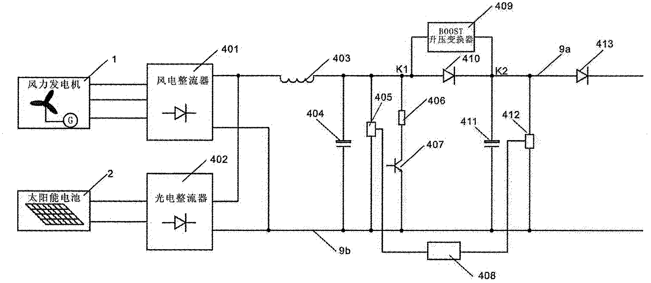 Capacitor hybrid energy storage based efficient wind-solar-utility power complementary power supply device