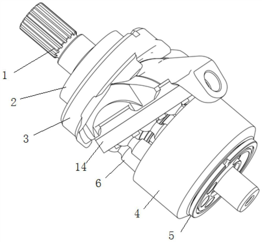 Floating swash plate follower ball hinge conical plunger variable pump/motor rotation assembly