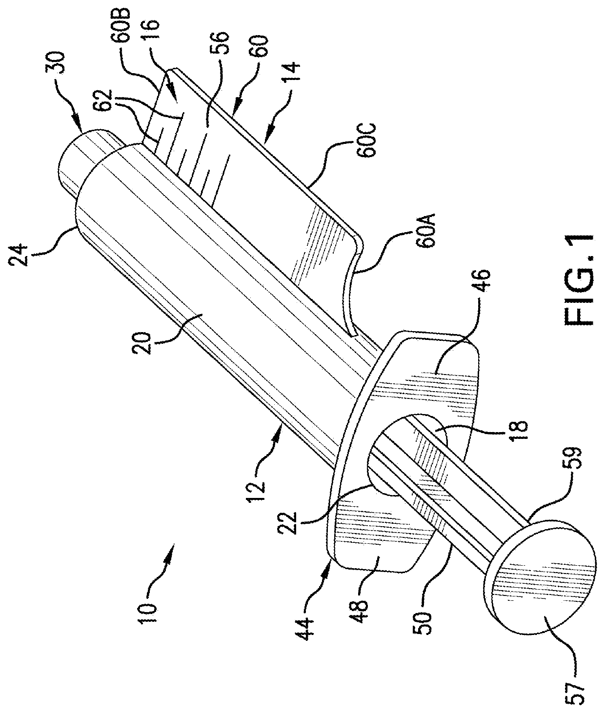 Syringe having at least one radially-outwardly extending panel