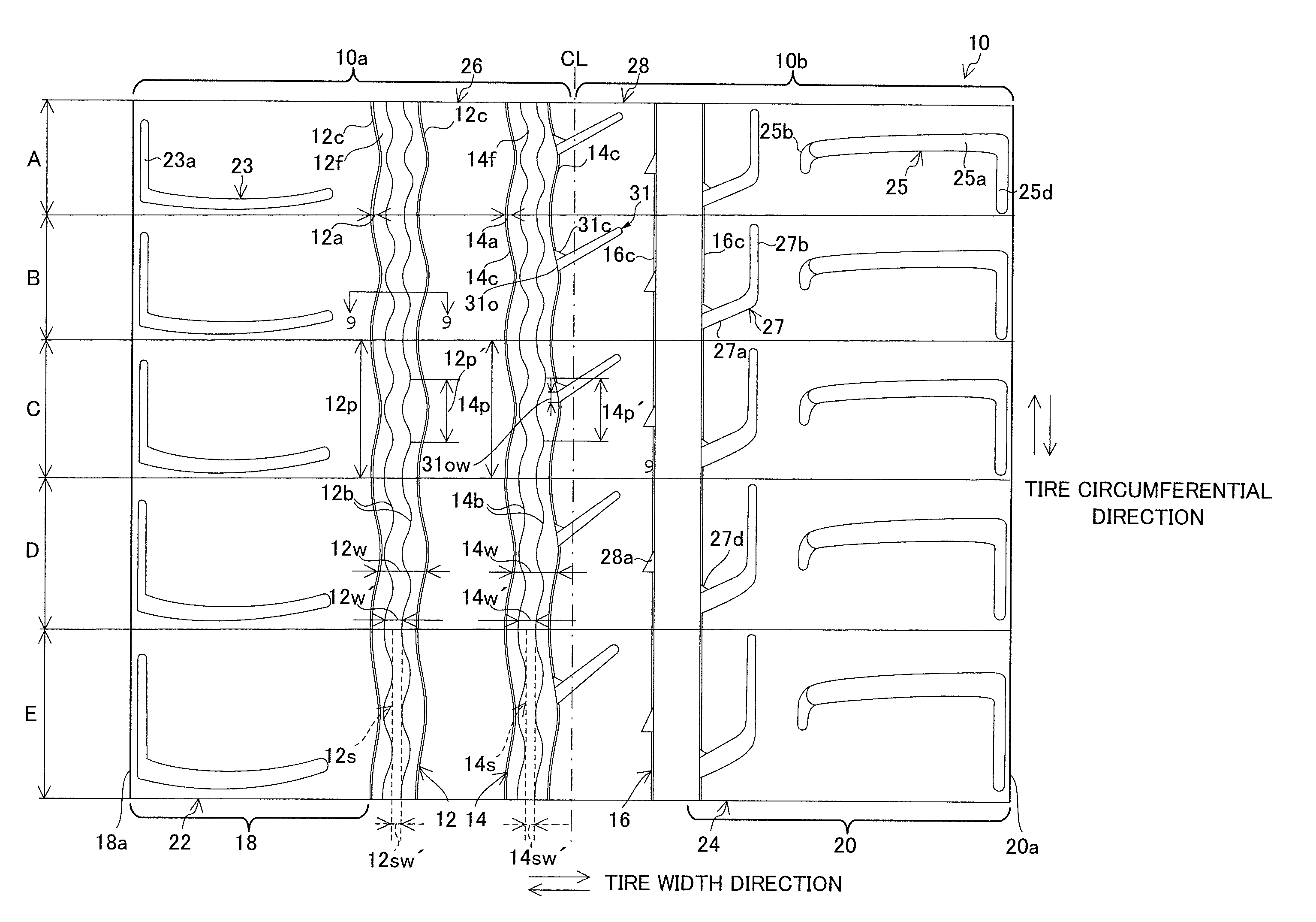 Pneumatic tire with tread having wave shaped circumferential groove