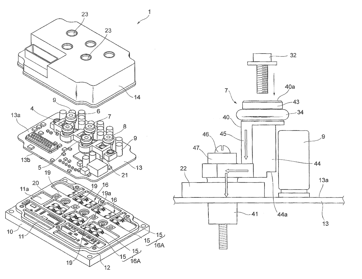 Semiconductor device having a first circuit board mounted with a plurality of semiconductor elements and a second circuit board mounted with a plurality of electronic components