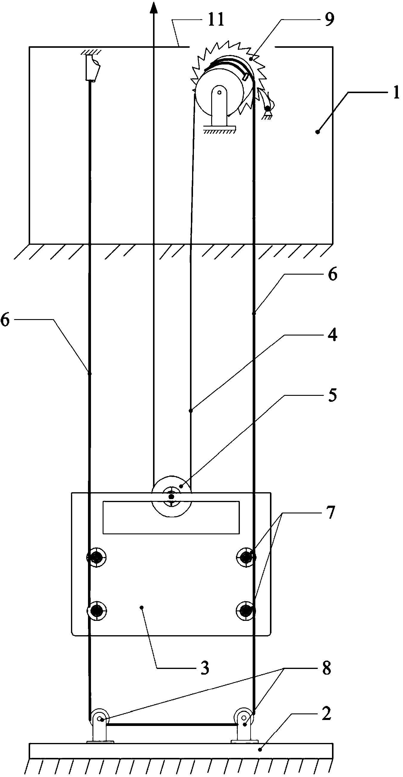 Entire flexible guide rail based on pulling force tension of lifting body and realization method thereof