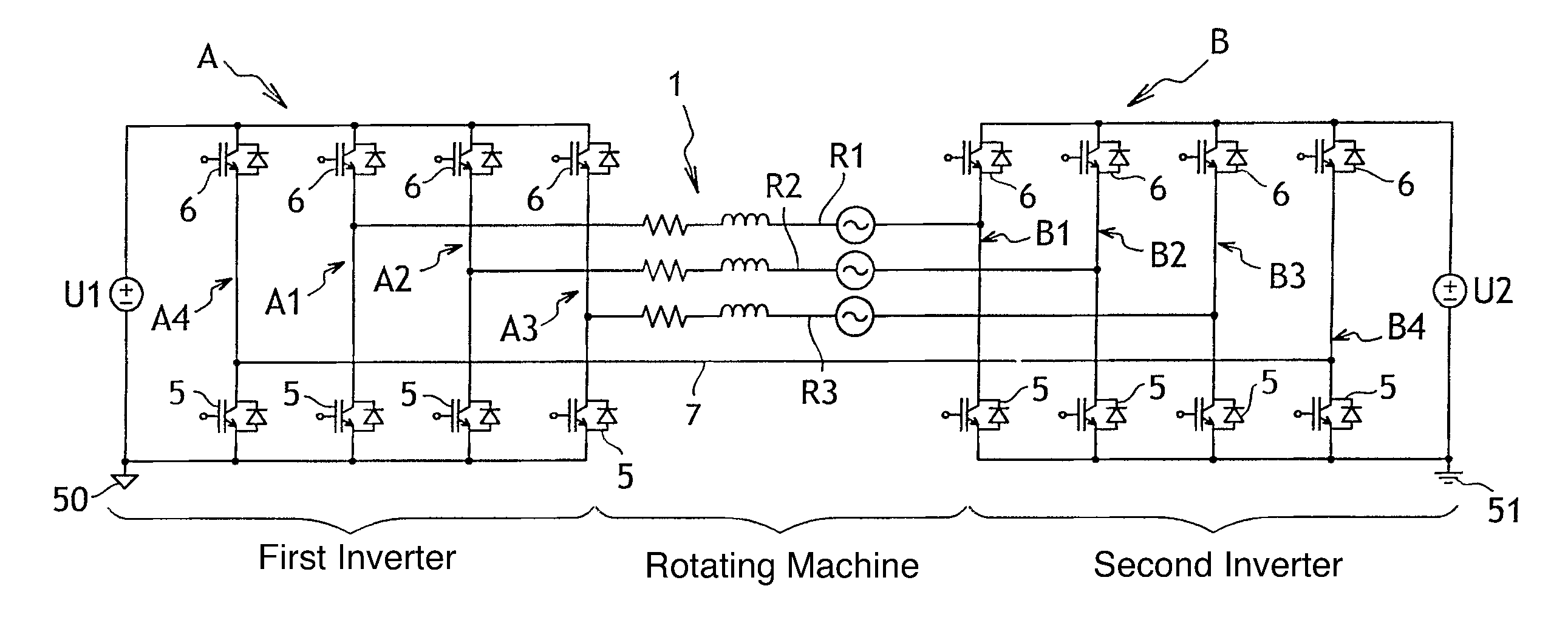 Power supply with two series inverters for a polyphase electromechanical actuator