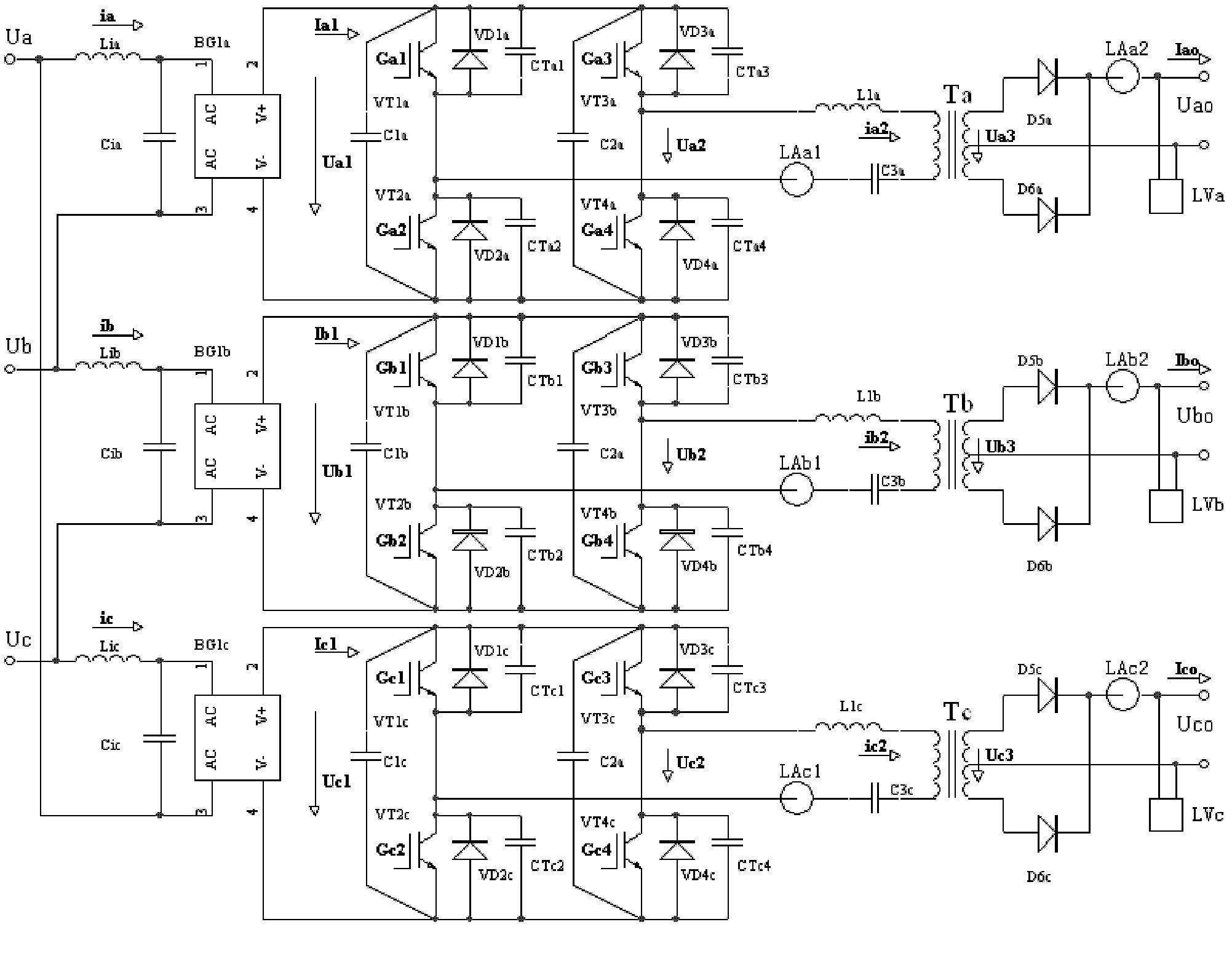 High-power-factor soft-switching three-phase power-regulating power supply