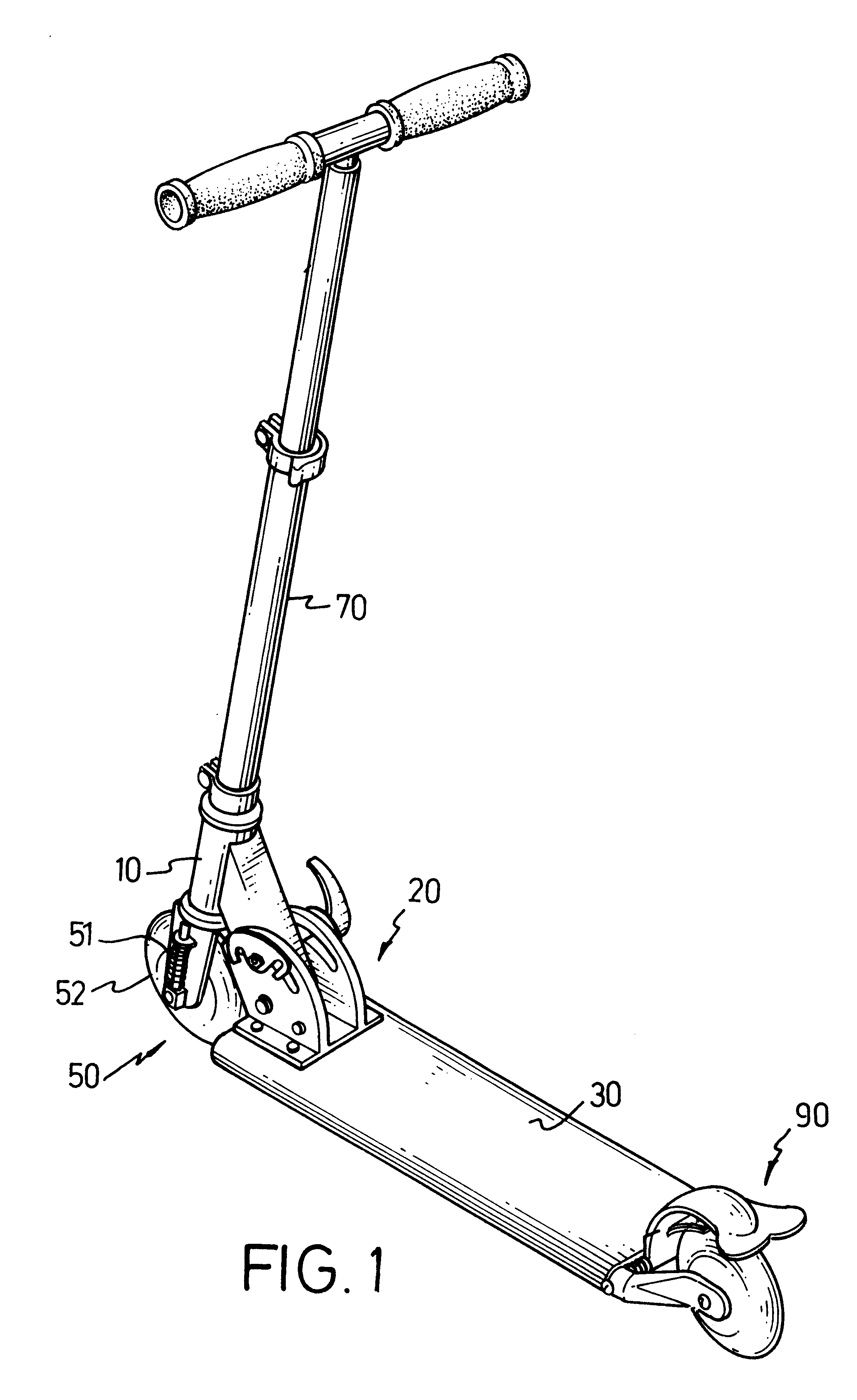 Foldable scooter with head tube assembly, brake and suspension