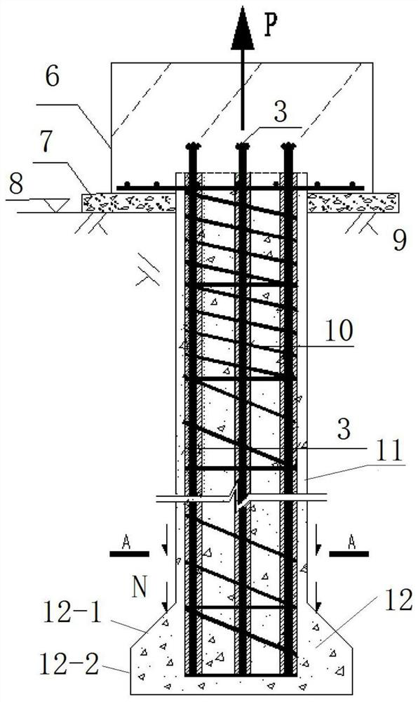 Expanded-base type pre-stressed composite anchor cable uplift pile and preparation method thereof