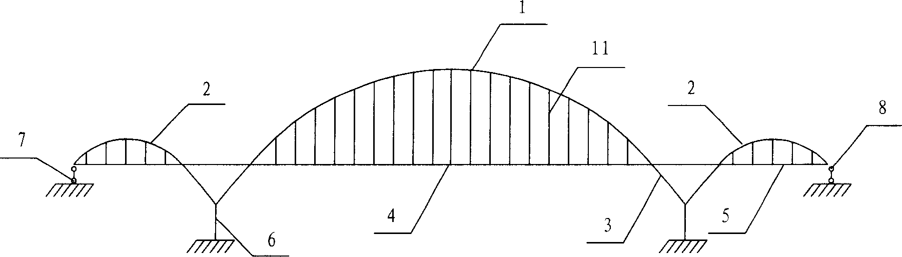 Three span continuous rigid structure steel arched bridge