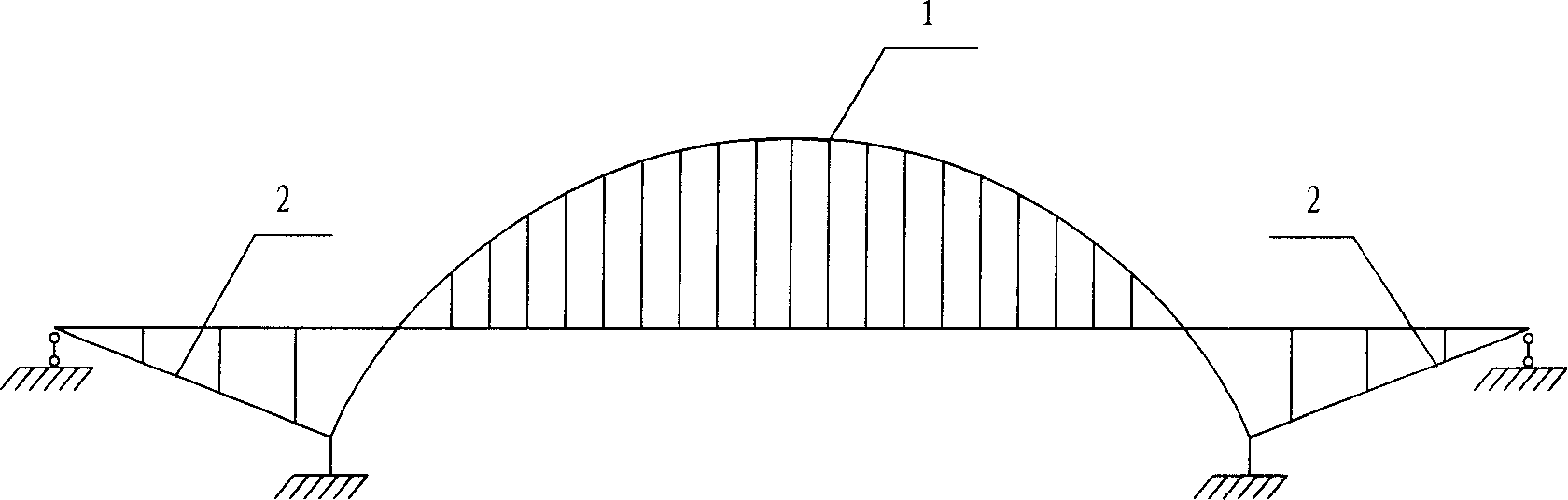 Three span continuous rigid structure steel arched bridge