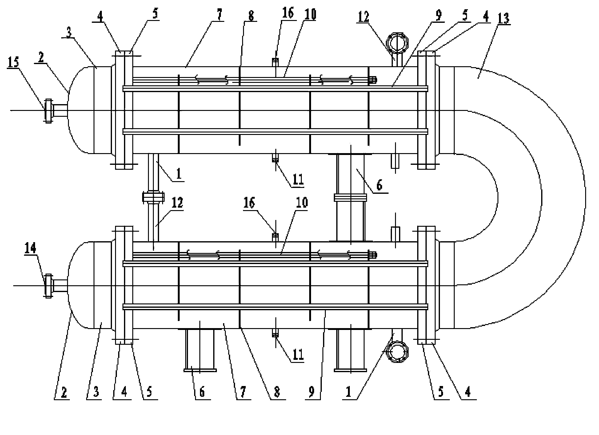 U-shaped-pipe-bundle warm-water-circulating large-flow natural gas recuperator