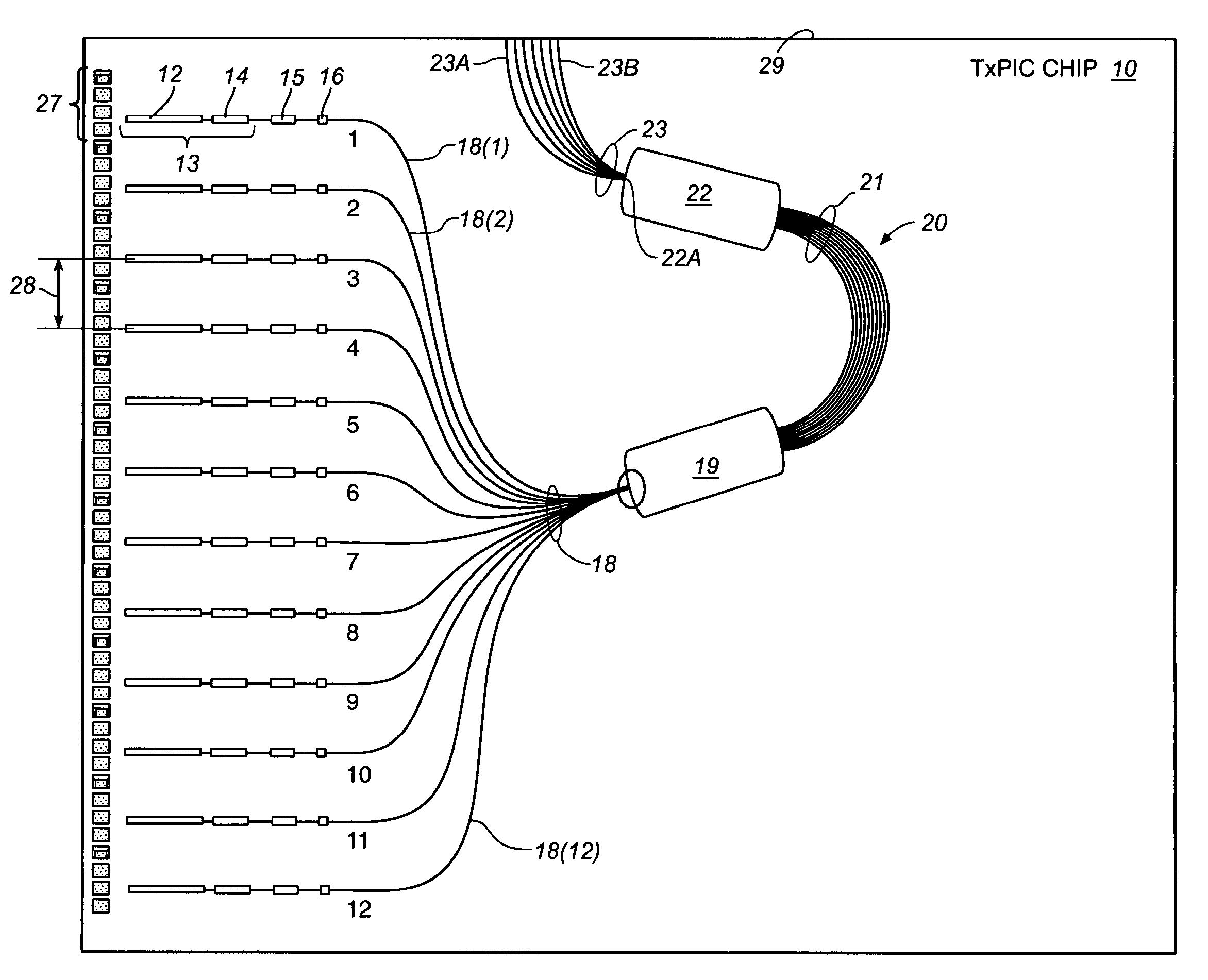 Tilted combiners/decombiners and photonic integrated circuits (PICs) employing the same