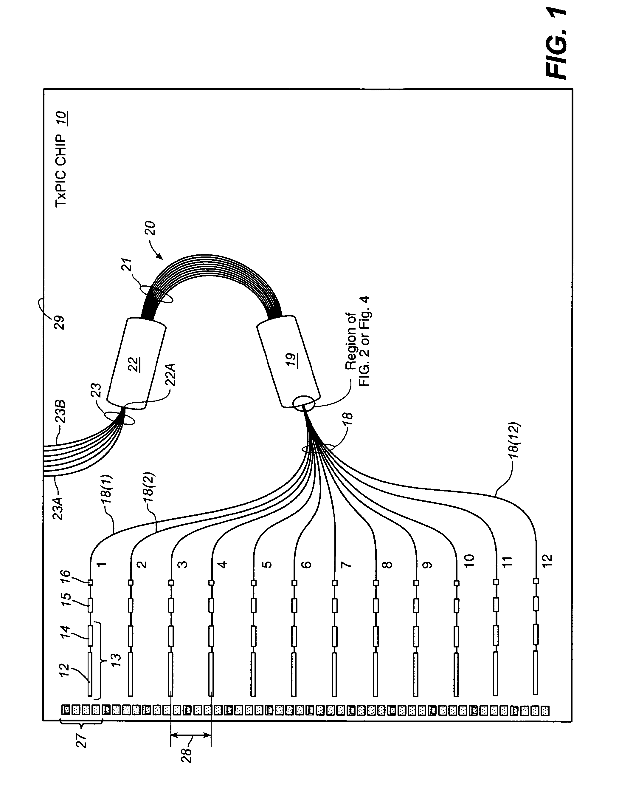 Tilted combiners/decombiners and photonic integrated circuits (PICs) employing the same