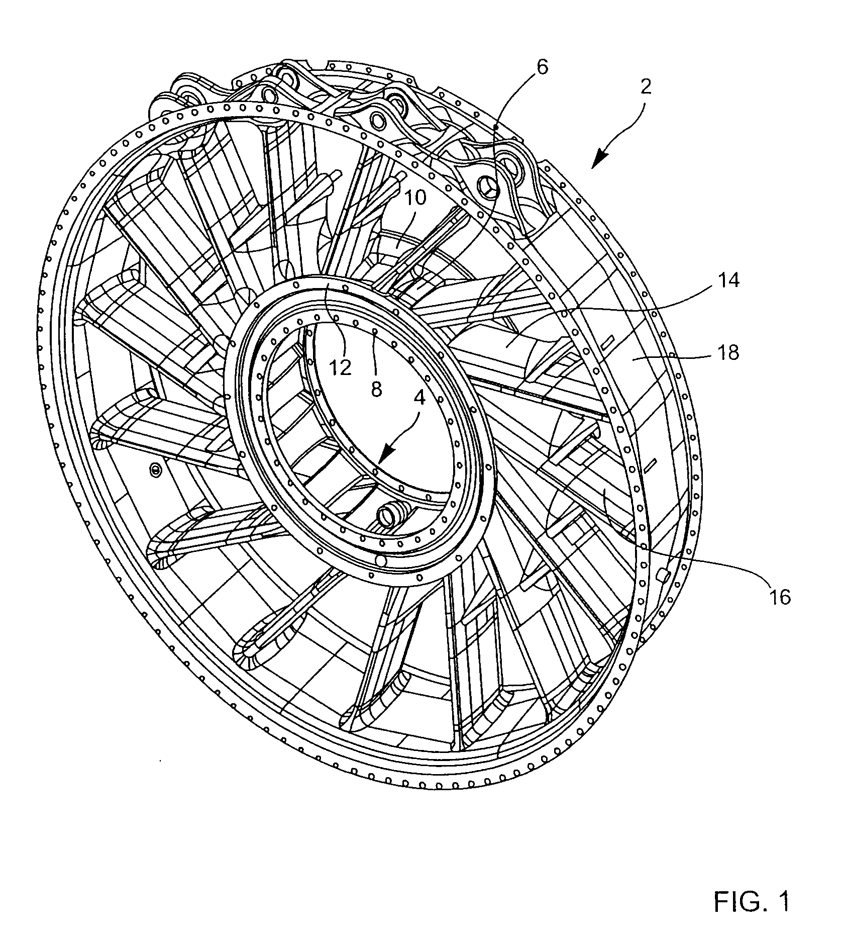 Exhaust casing hub comprising stress-distributing ribs