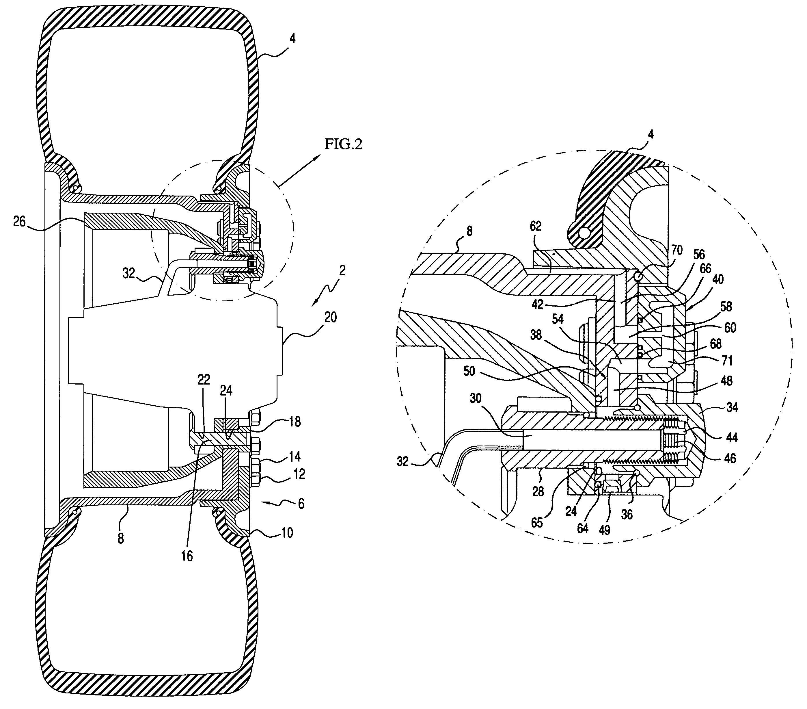 Vehicle wheel assembly with a hollow stud and internal passageways connected to a CTIS