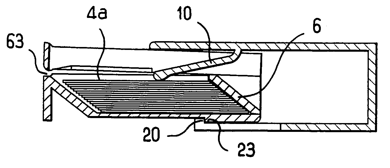 Device for packaging and dispensing stacked items, in particular cosmetics on a medium