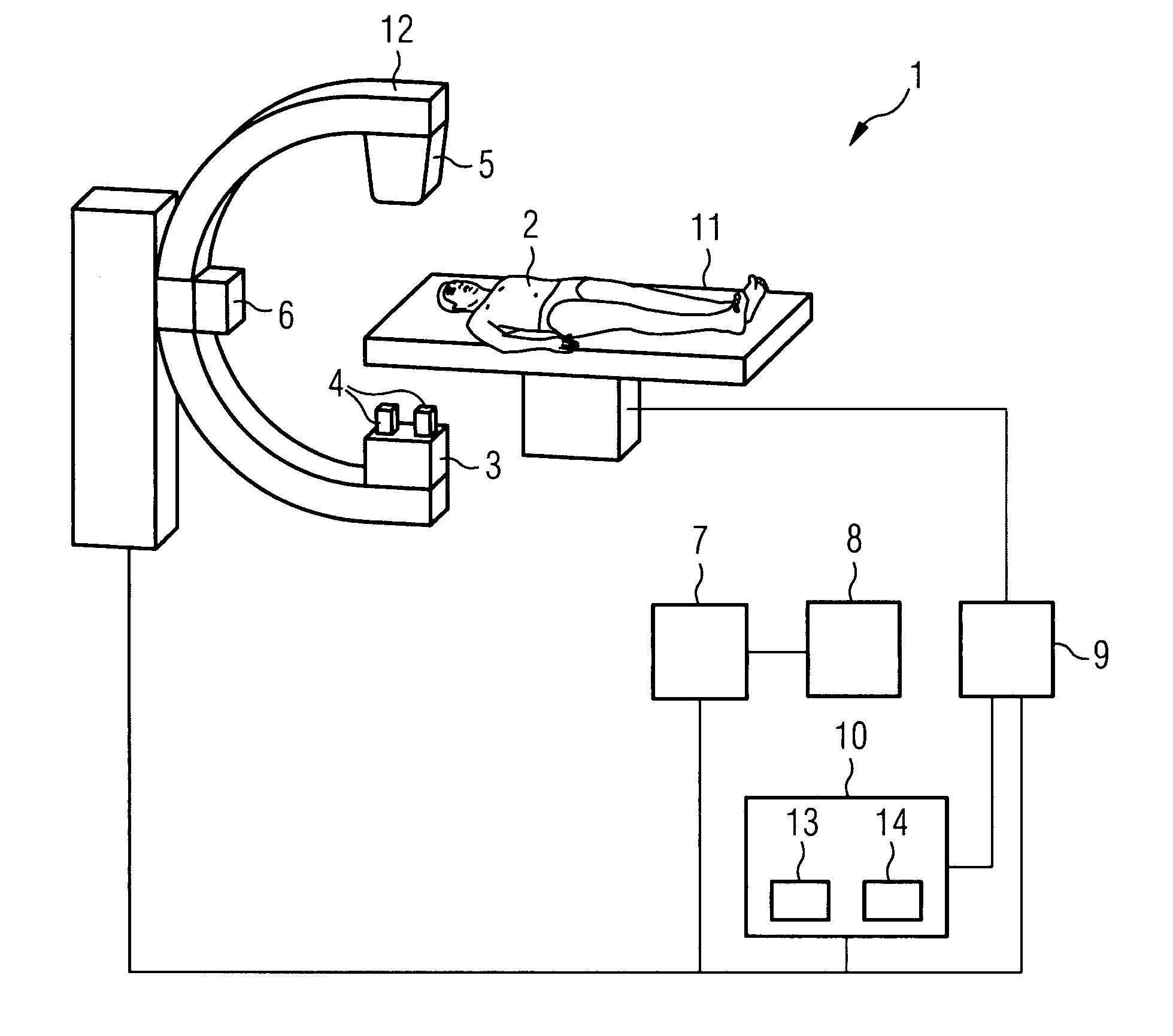 Angiography device and associated recording method with a mechanism for collision avoidance