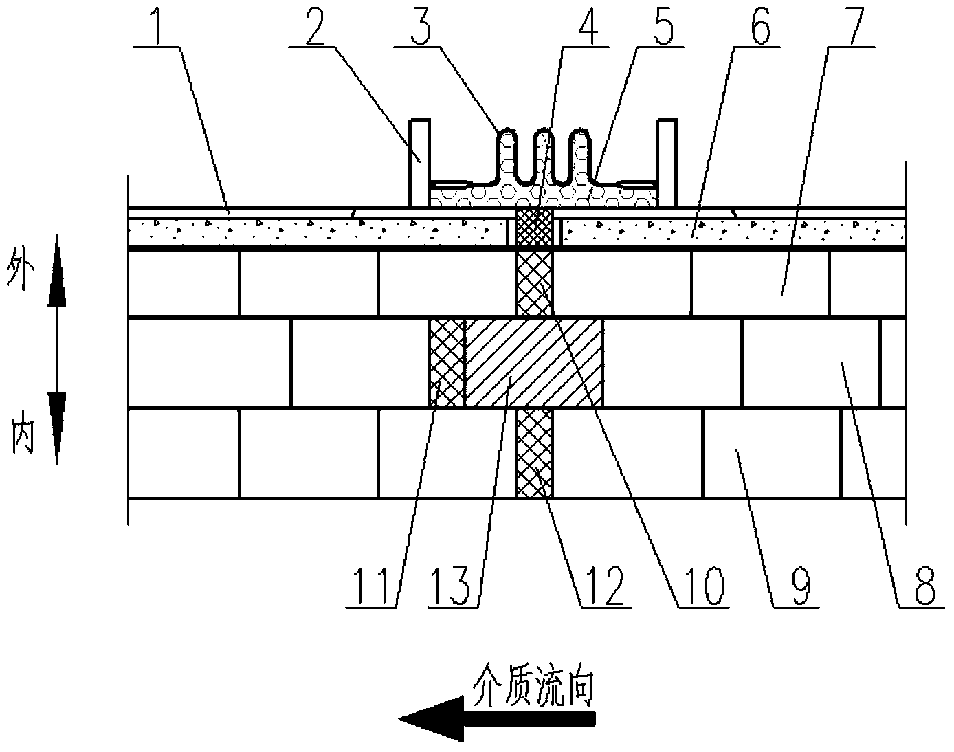 Masonry structure of refractory material inside corrugated compensator of hot blast furnace hot blast pipe