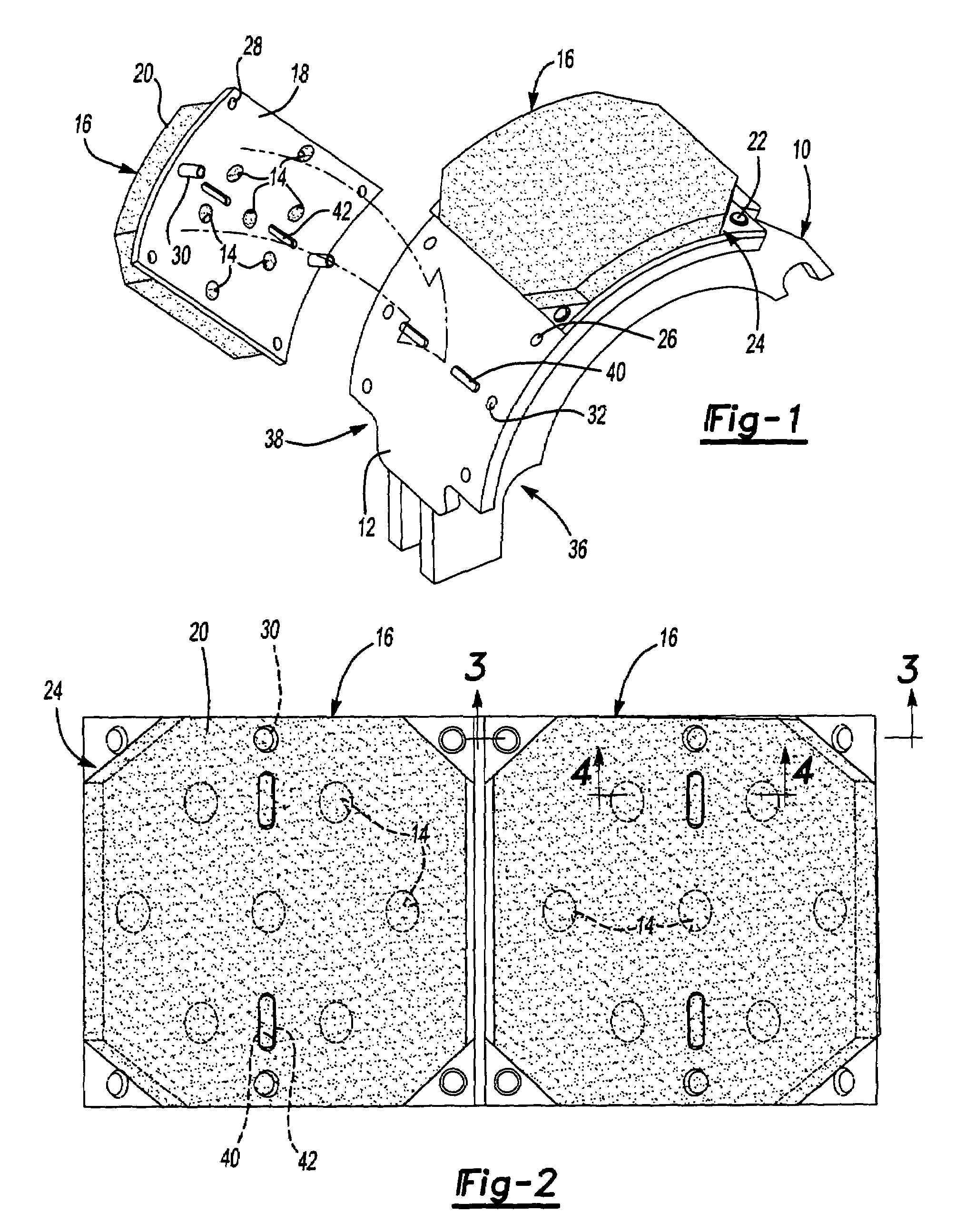 Brake shoe and brake lining blocks with keyed connection