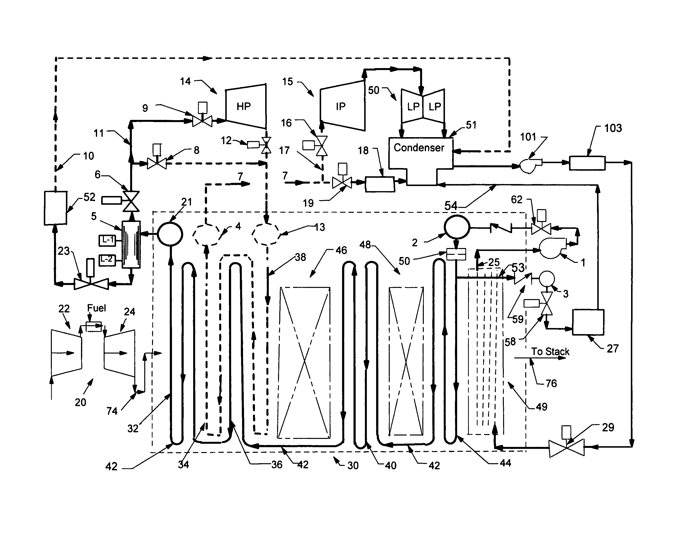 Heat recovery steam generator and method for fast starting combined cycles