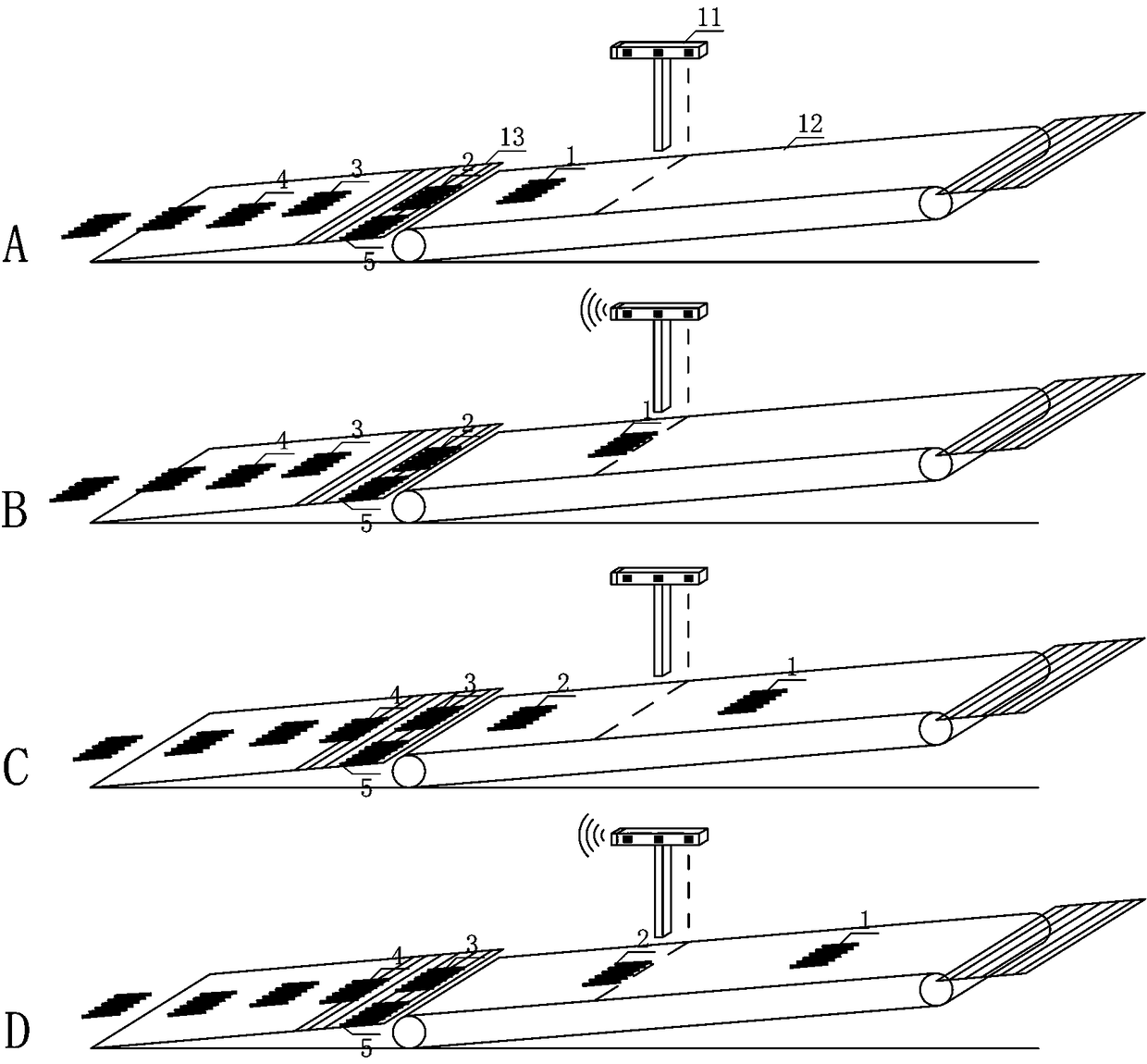 Intelligent guiding and indicating device of safety distance of magic carpet and control method thereof