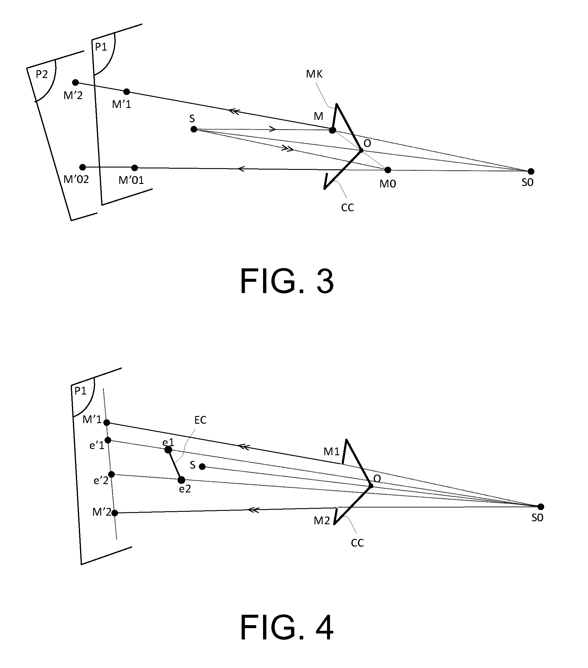 Optical system for measurement of orientation and position comprising a point source, central mask, photosensitive matrix sensor and corner cube