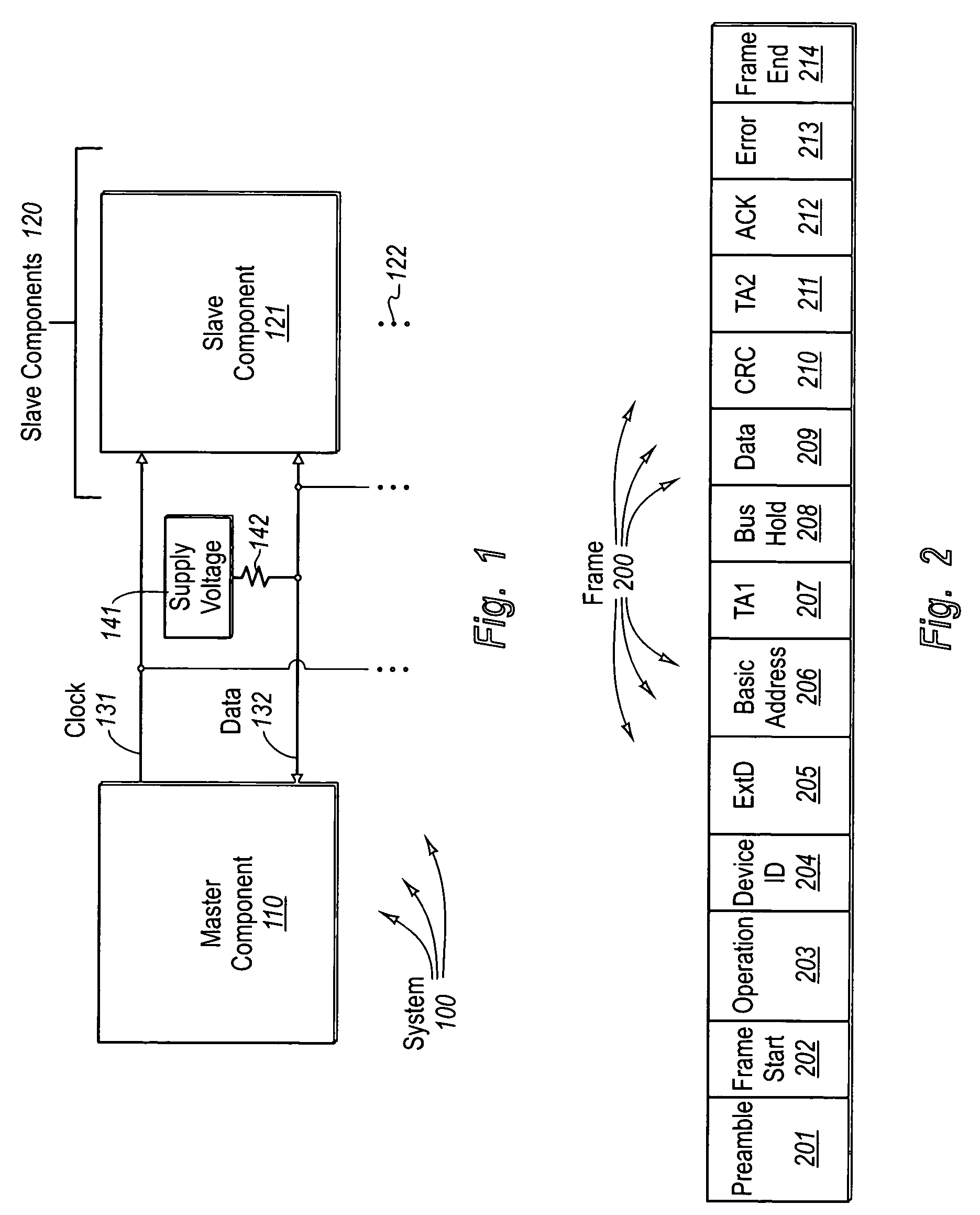 Two-wire interface having dynamically adjustable data fields depending on operation code