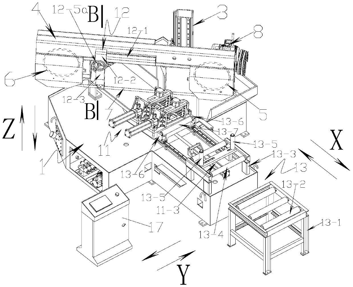 Novel large-angle rotation horizontal band sawing machine