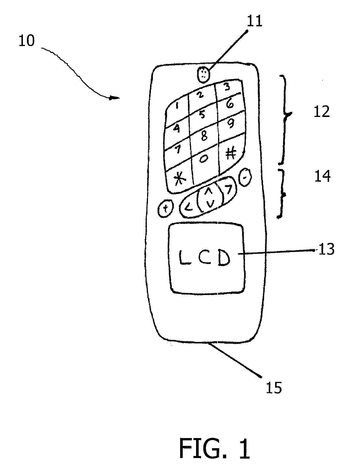 Cell phone and cordless phone with inverted keypad and display arrangement and slanted rows of buttons on keypad