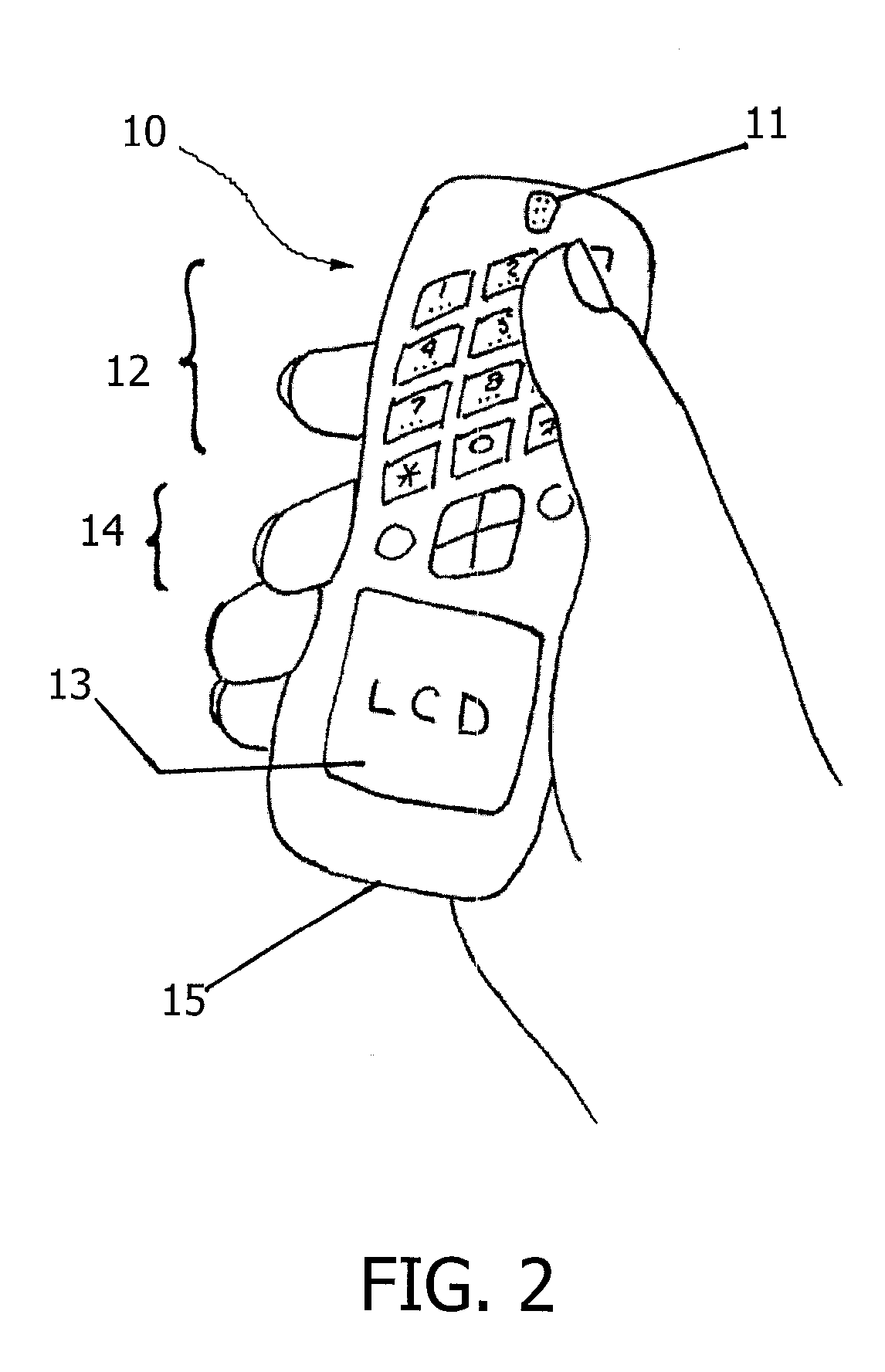 Cell phone and cordless phone with inverted keypad and display arrangement and slanted rows of buttons on keypad