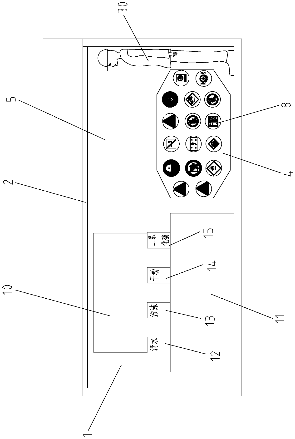 Container-type simulated fire extinguishing and security identifier and protective article cognition experience hall