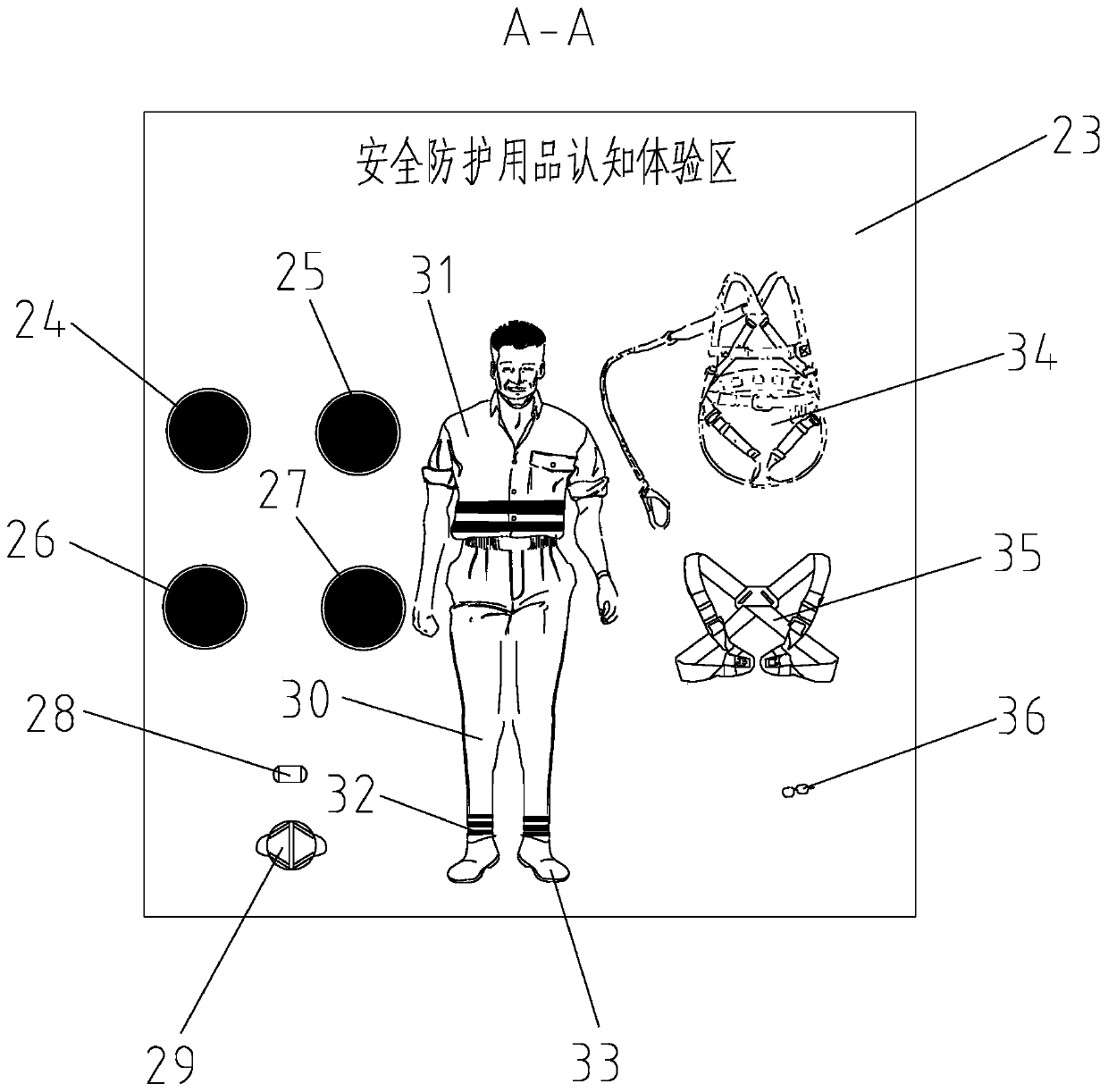 Container-type simulated fire extinguishing and security identifier and protective article cognition experience hall